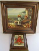 2 Continental oil paintings - coastal scene unsigned approx. 8735cm x 78cm  vase of roses signed and