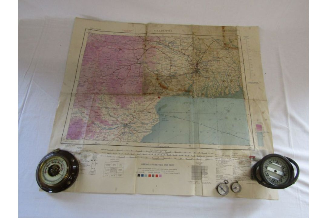 Military Calcutta map and compass with 2 smaller compasses includes one German and a barometer - Image 1 of 6