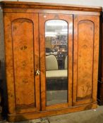 Victorian burr walnut veneer triple wardrobe & linen press Ht 208cm L 188cm D 57cm