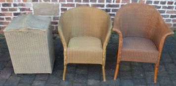 Two LLoyd Loom chairs & a Lloyd Loom pagoda top linen basket