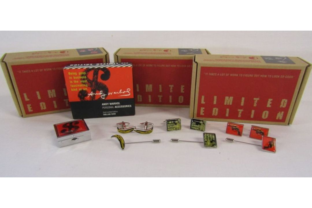 Collection of Andy Warhol personal accessories to include 3 sets of cufflinks and tiepins and a - Image 1 of 5