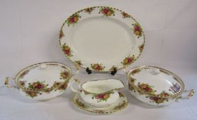 Royal Albert 'Country Roses' serving plate, gravy boat and 2 tureens (one with crazing cracks to