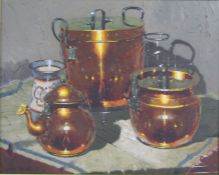 Hennie Griesel '92 Oil painting of copper pans approx. 97cm x 82cm (includes frame)