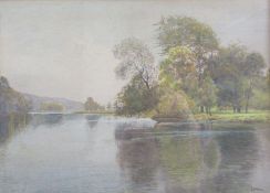 John Pedder watercolour landscape with lake in foreground approx. 49.35cm x 39.5cm (includes frame)