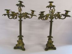 Pair of heavy gilded metallic ornate 5 branch candelabra - all parts unscrew - approx. Ht 25
