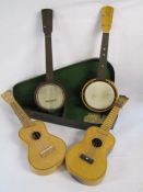 2 Banjoleles - Riselonia Germany and one unmarked and 2 Ukuleles - Lark and one unmarked