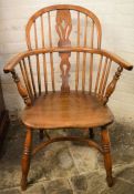 Victorian elm wood low back Windsor chair with crinoline stretcher