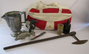Collection of items to include a Royal Selangor pewter Jug, fish napkin holder, Gordons Gin bottle