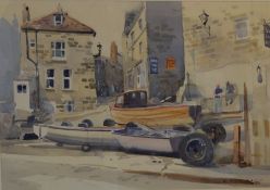 Large watercolour of a coastal village scene by Eric Day. Frame size 76cm by 59cm