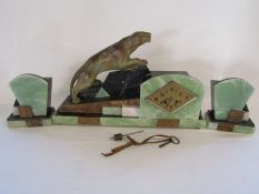 Art Deco Jaguar clock garniture on onyx & marble stand, approximately 54.5cm x 33cm x 12.5cm,