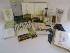 Collection of art materials and artwork to include an Osmiroid pen