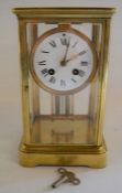 French brass & glass bell strike mantel clock Ht 26cm W 15cm D 13cm