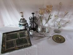 A selection of items to include a table lamp and metal candle holders etc