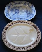 Large 19th century transfer printed blue and white meat dish with drainer 