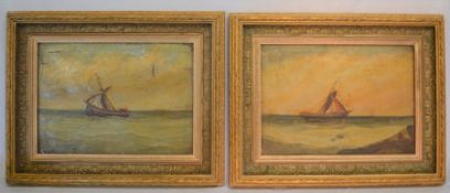 Pair of late 19th/early 20th century oil on canvas paintings of ships at sea, both with a tear