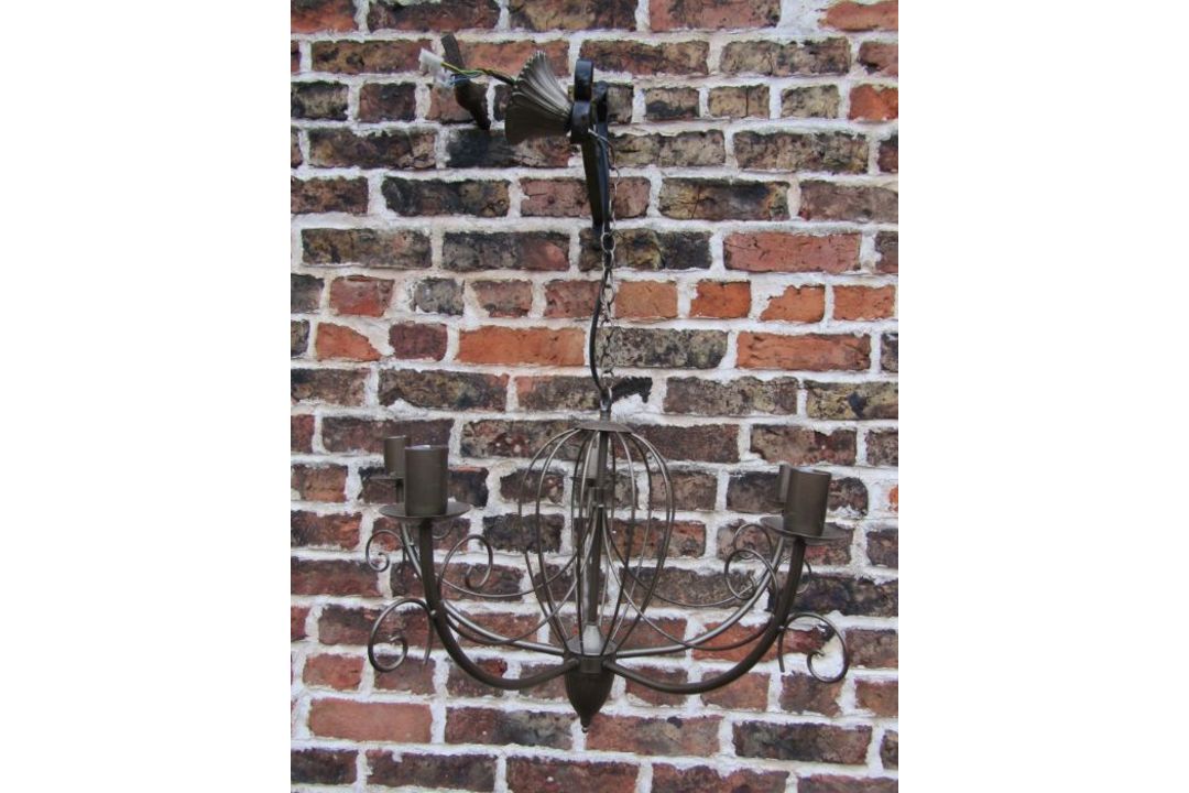 5 arm ornate metal electric hanging chandelier, manual Singer sewing machine and a wooden Oriental - Image 7 of 8