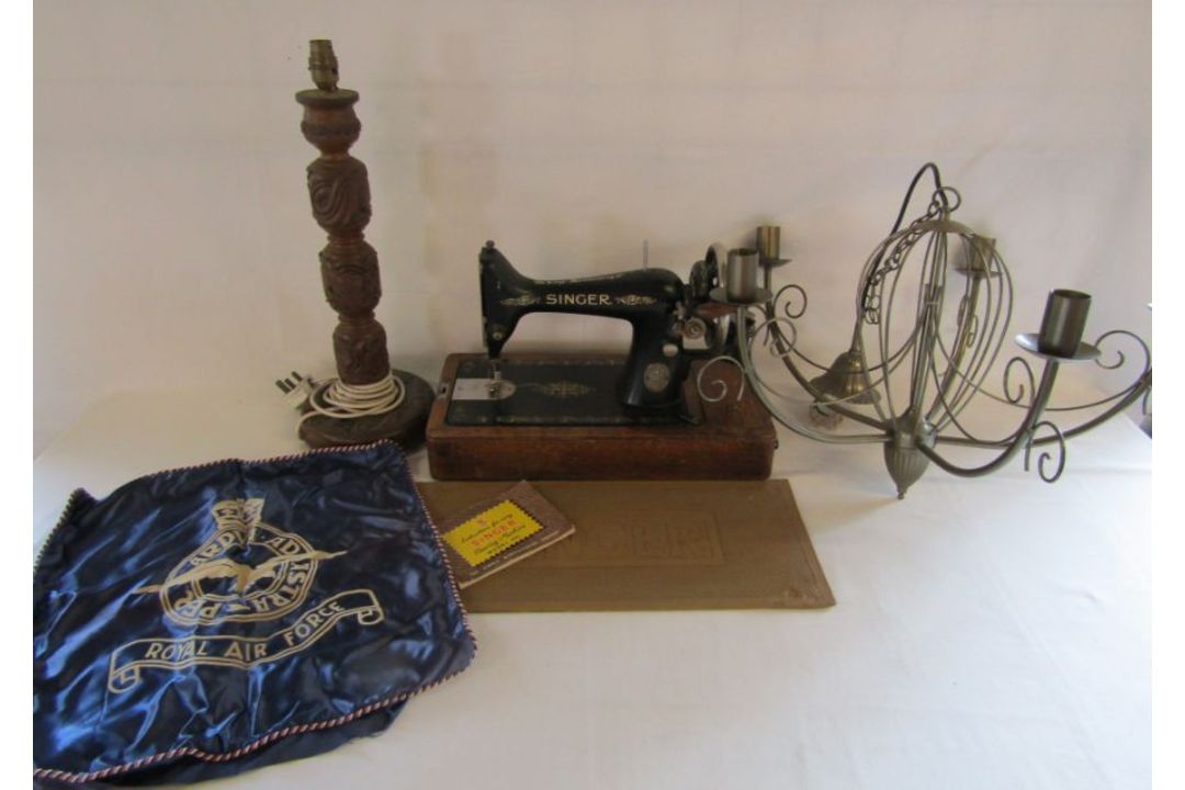 5 arm ornate metal electric hanging chandelier, manual Singer sewing machine and a wooden Oriental - Image 1 of 8