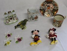 Crown Derby hand painted tea cup & saucer, Coalport twin towers model, Beswick green finch, Disney