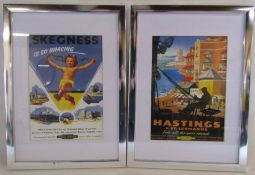 2 framed British Railway prints, Skegness and Hastings approx. 33cm x 45cm (includes frame)