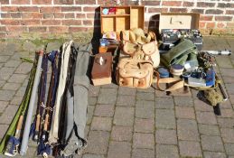 Large quantity of fishing equipment including 2 Hardy fly rods, Orvis Graphite fly rod, Keenfisher
