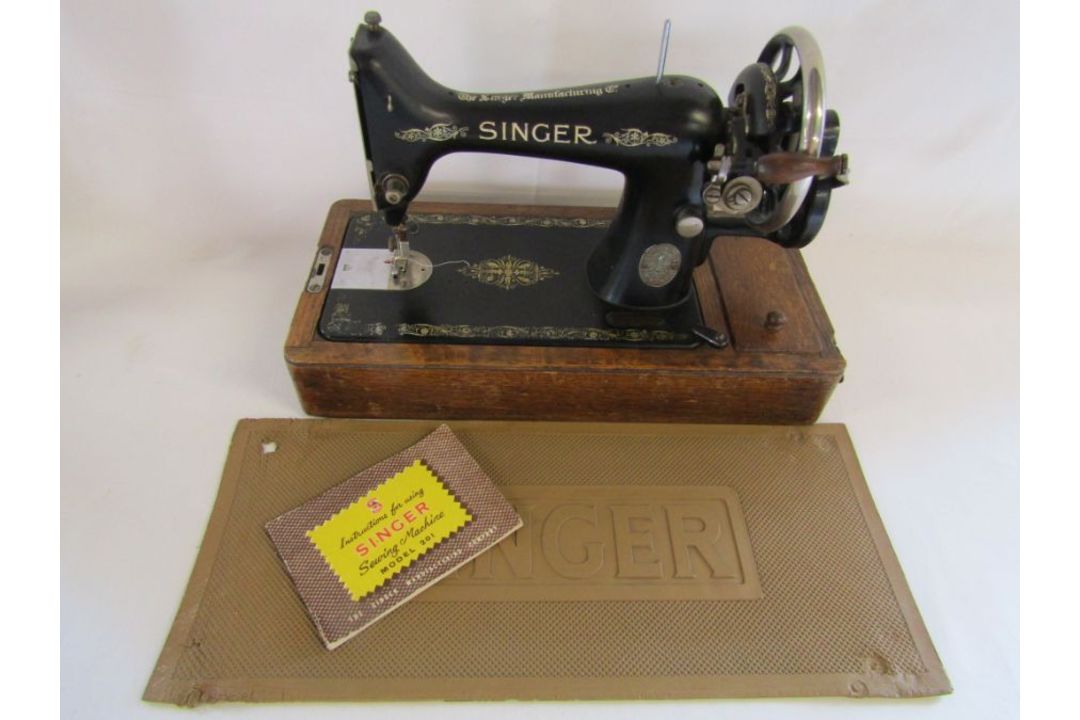 5 arm ornate metal electric hanging chandelier, manual Singer sewing machine and a wooden Oriental - Image 2 of 8