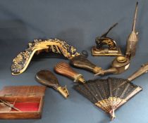 Victorian address stamper, 3 vintage oil cans, 3 shot / powder flasks, boxed glass scales, bamboo