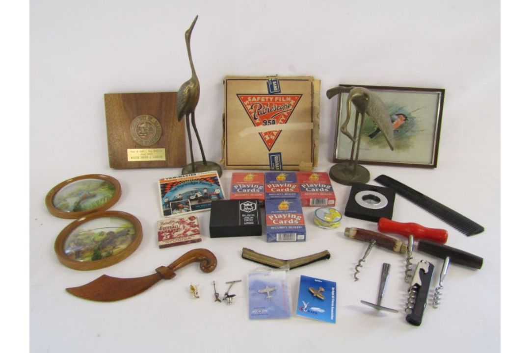 Collection of items to include playing cards, corkscrews, brass herons, Pathescope film, - Image 1 of 8