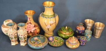 Collection of cloisonné items including a pendant, a pair of pewter beakers, gold plated ring,