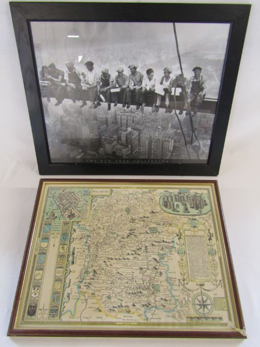 Framed Wiltshire map and The New York Collection print of 'Lunch on a Skyscraper' approx. 47.5cm x