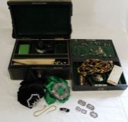 2 Victorian jewellery cases with selection of vintage costume jewellery & buckles