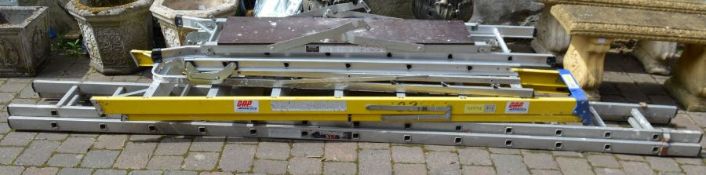 3 step ladders, extending ladder & a platform