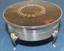 Edwardian silver dressing table pot lined with velvet on four legs with tortoiseshell lid inlaid
