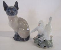 Royal Copenhagen Siamese cat 142 approx. 19cm and Royal Copenhagen Lovebirds 402 approx. 14cm