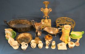 Crested china, silver plate, brass trivet etc