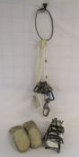 Collection of mountaineering equipment to include SALEWA crampons, carabiners and leather gloves