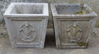 Pair of concrete garden planters with fleur-de-lis motif Ht 33cm