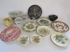 Set of three Continental china lion-mask cache pots, Japanese bowl, Doulton and other collectable
