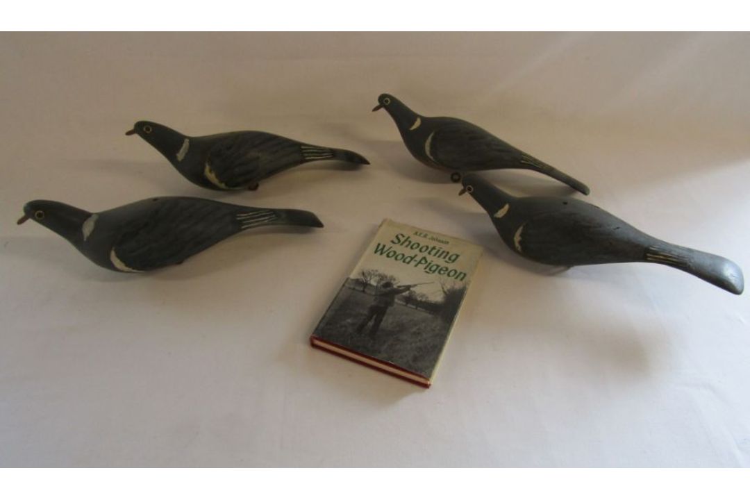 Hand made wooden pigeon decoys and A.E.B Johnson book Shooting Wood Pigeon - Image 1 of 8