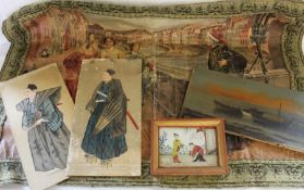 Dante & Beatrice print on canvas, 2 oil paintings on board of Japanese figures, unframed oil on