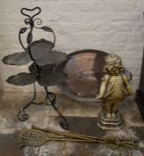 Wrought iron stand, plaster figure of a girl, silver plate tray & brass fire irons