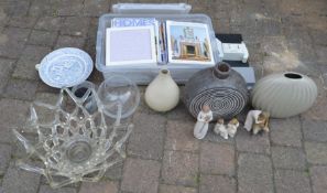 Quantity of magazines, large glass splash bowl, Victorian willow pattern warming plates. ornaments