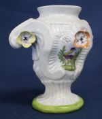 18th century Longton Hall moulded Rococo pedestal scroll vase with applied flowers and two panels