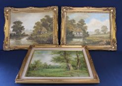 2 gilt framed oils on canvas by Robert Ixer (b. 1941) depicting cottages in the countryside 49cm x