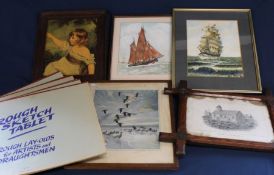 Old Chapel Pudsey print in Oxford frame, 2 amateur watercolours depicting ships, Peter Scott print &