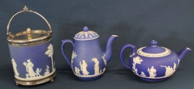 Wedgwood blue jasperware biscuit barrel, teapot & coffee pot