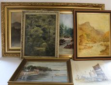 Large oil on board depicting Continental river scene signed J Bryant (131.5cm x 67.5cm), oil on