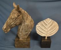 Resin bust of a horses head Ht 45cm & a leaf
