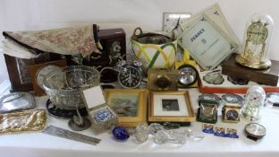 Selection of mantel clocks, stamp paperweights, metal chop sticks, table runner etc.(2 boxes)