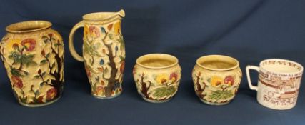 4 pieces of H J Wood Indian Tree pottery & large Crown Devon mug with 