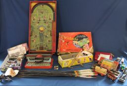 Selection of vintage toys including Chad Valley Escalado, Chad Valley Soccatelle, Pelham puppet, The